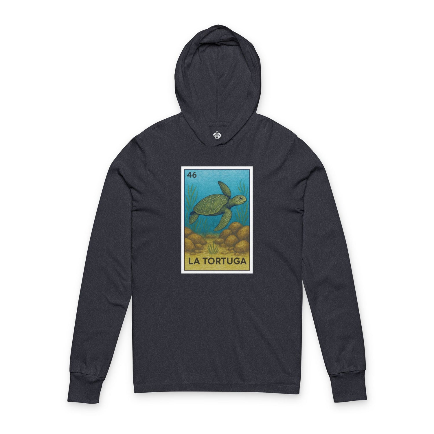 Navy blue hoodie with a turtle graphic and &
