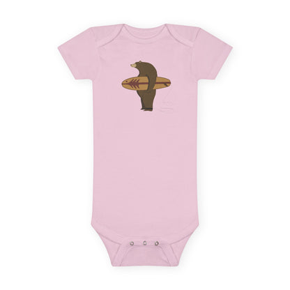 Surfing Grizzly Bear by Fabian Lavater - Baby Short Sleeve 100% Cotton Onesie