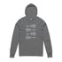 Gray hoodie with white graphic design on a white background