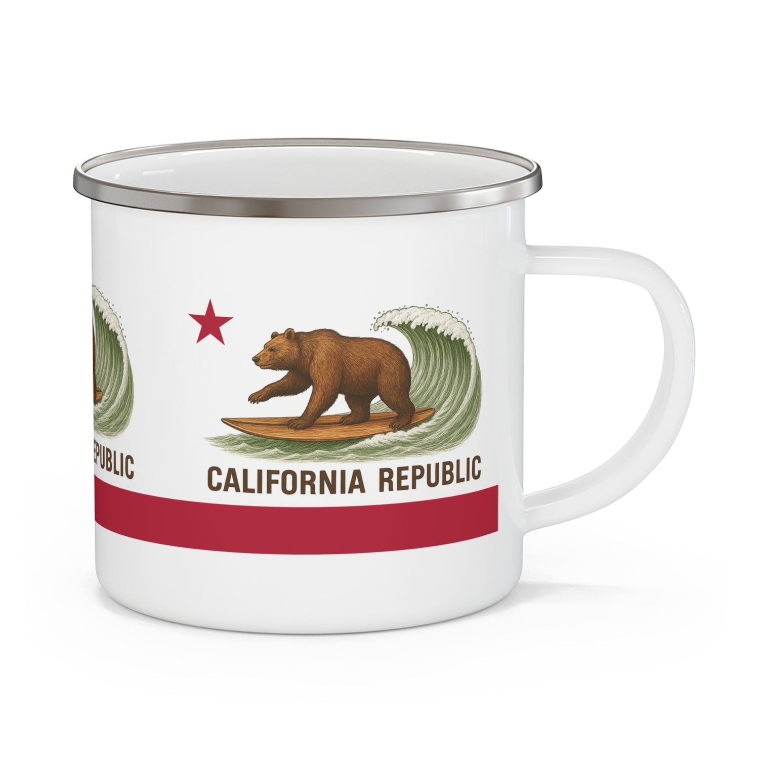 California Surfing Bear Flag Enamel Camping Mug (12oz - small)