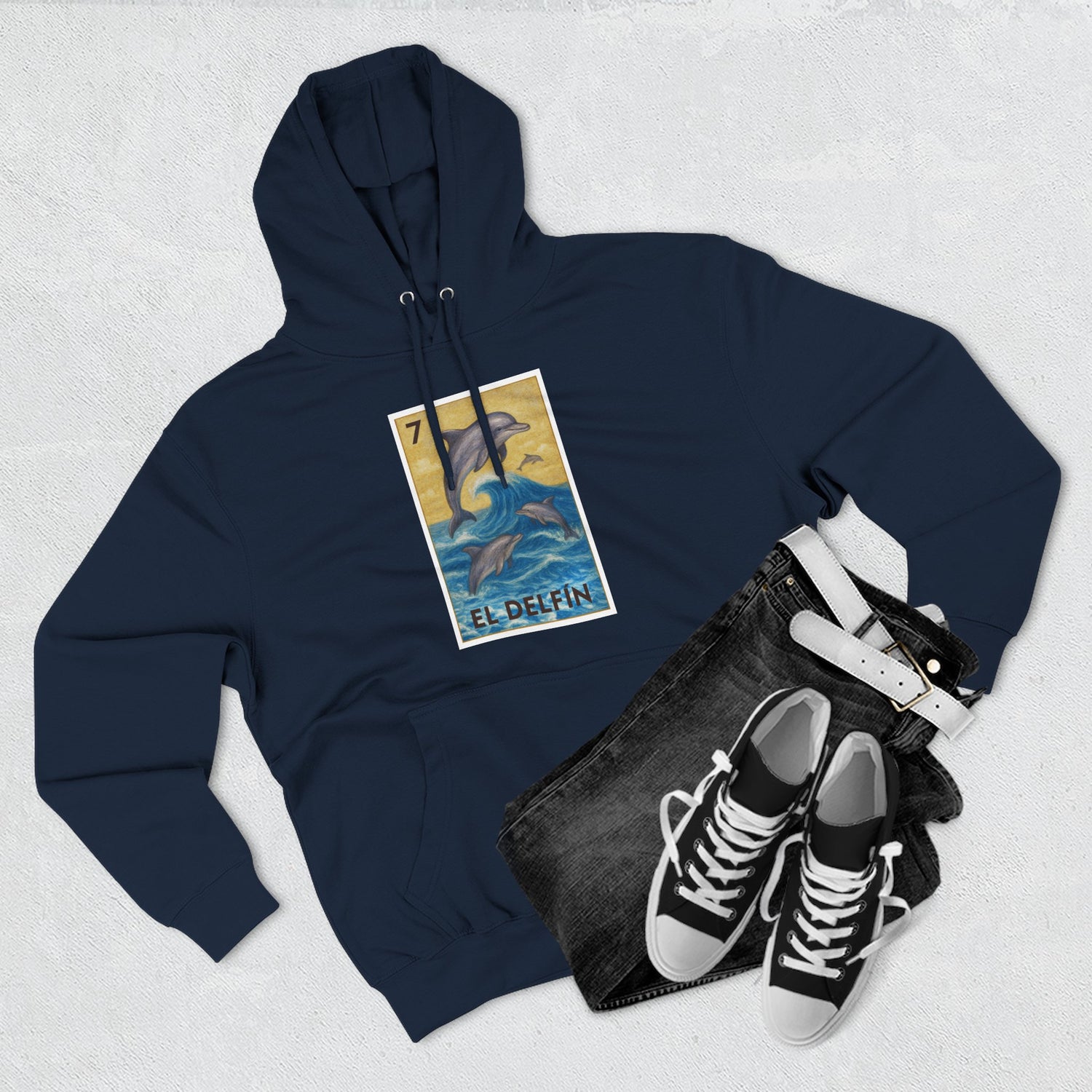 Dolphin Lotería Unisex - Pull-Over Cotton Blend Fleece Hoodie (El Delfín)