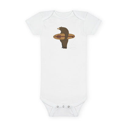 Surfing Grizzly Bear by Fabian Lavater - Baby Short Sleeve 100% Cotton Onesie