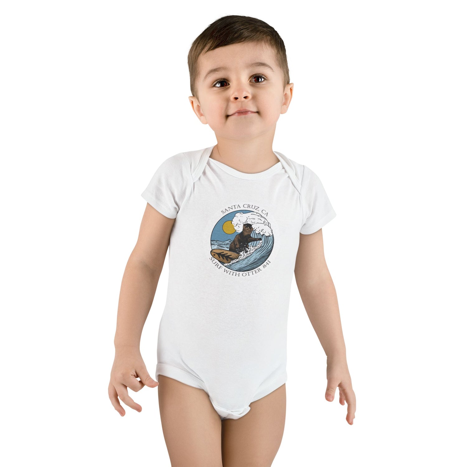 Surf with Otter 841 by Thiago Bianchini - Baby Short Sleeve 100% Cotton Onesie