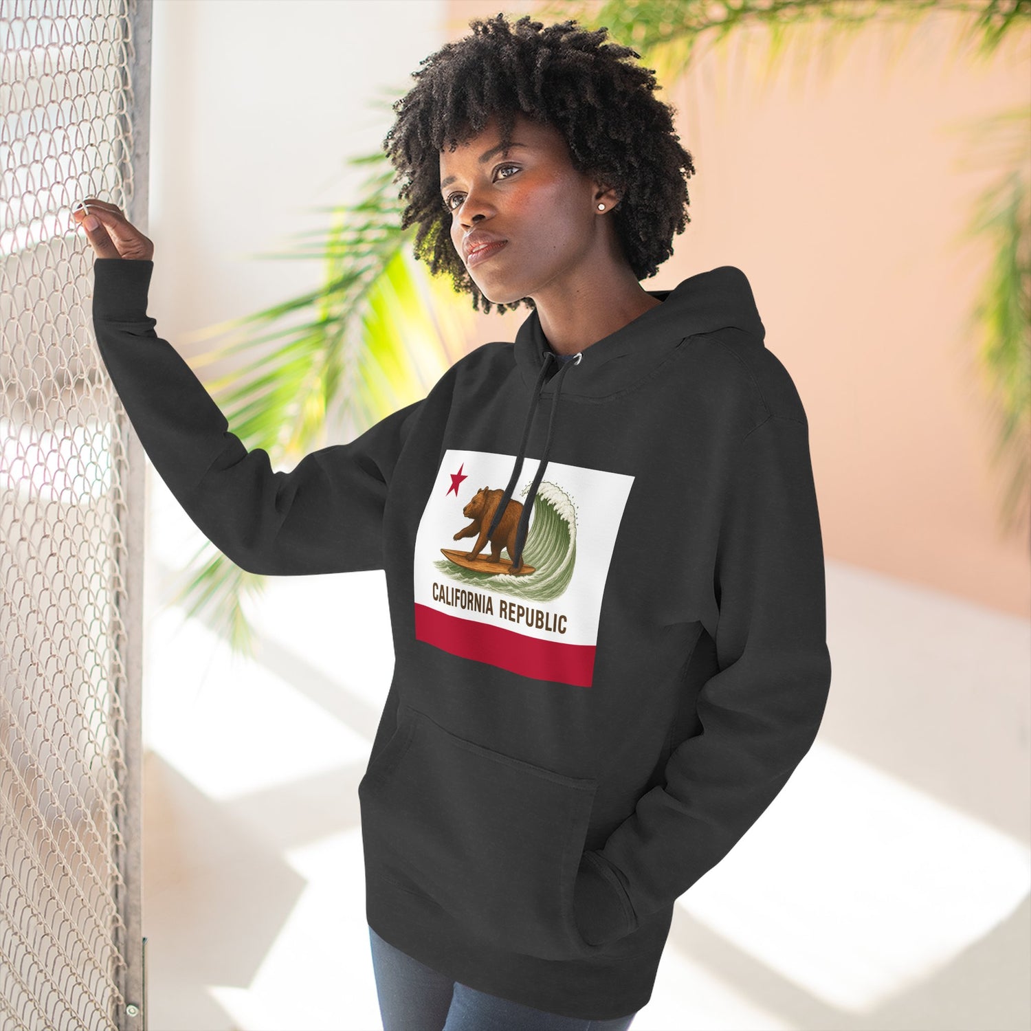 California Surfing Bear Flag Unisex - Pull-Over Cotton Blend Fleece Hoodie