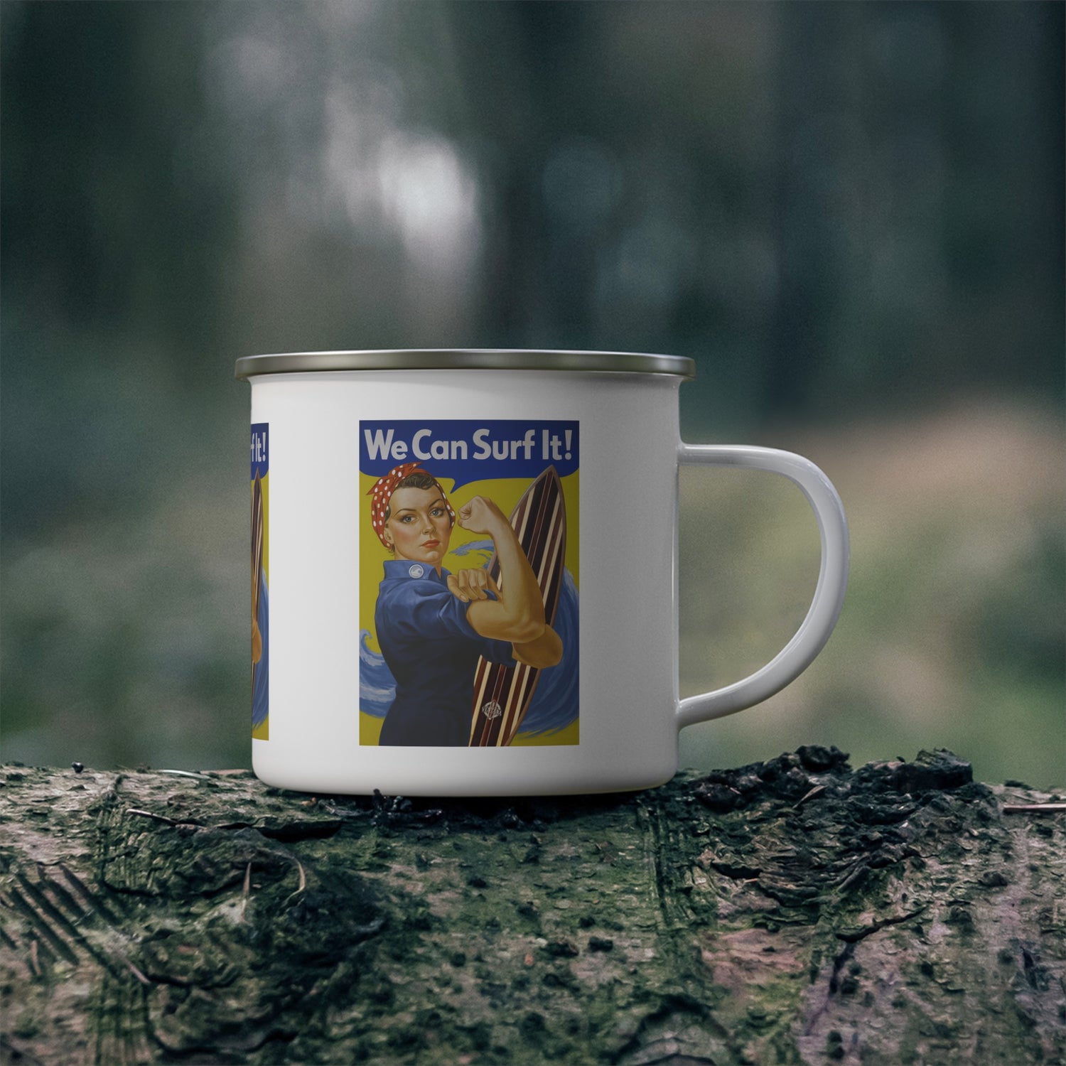 Rosie the Surfer Enamel Camping Mug (Small, 12oz)