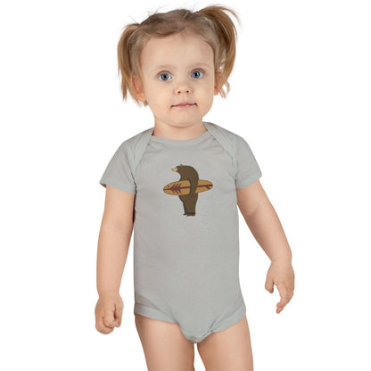 Surfing Grizzly Bear by Fabian Lavater - Baby Short Sleeve 100% Cotton Onesie