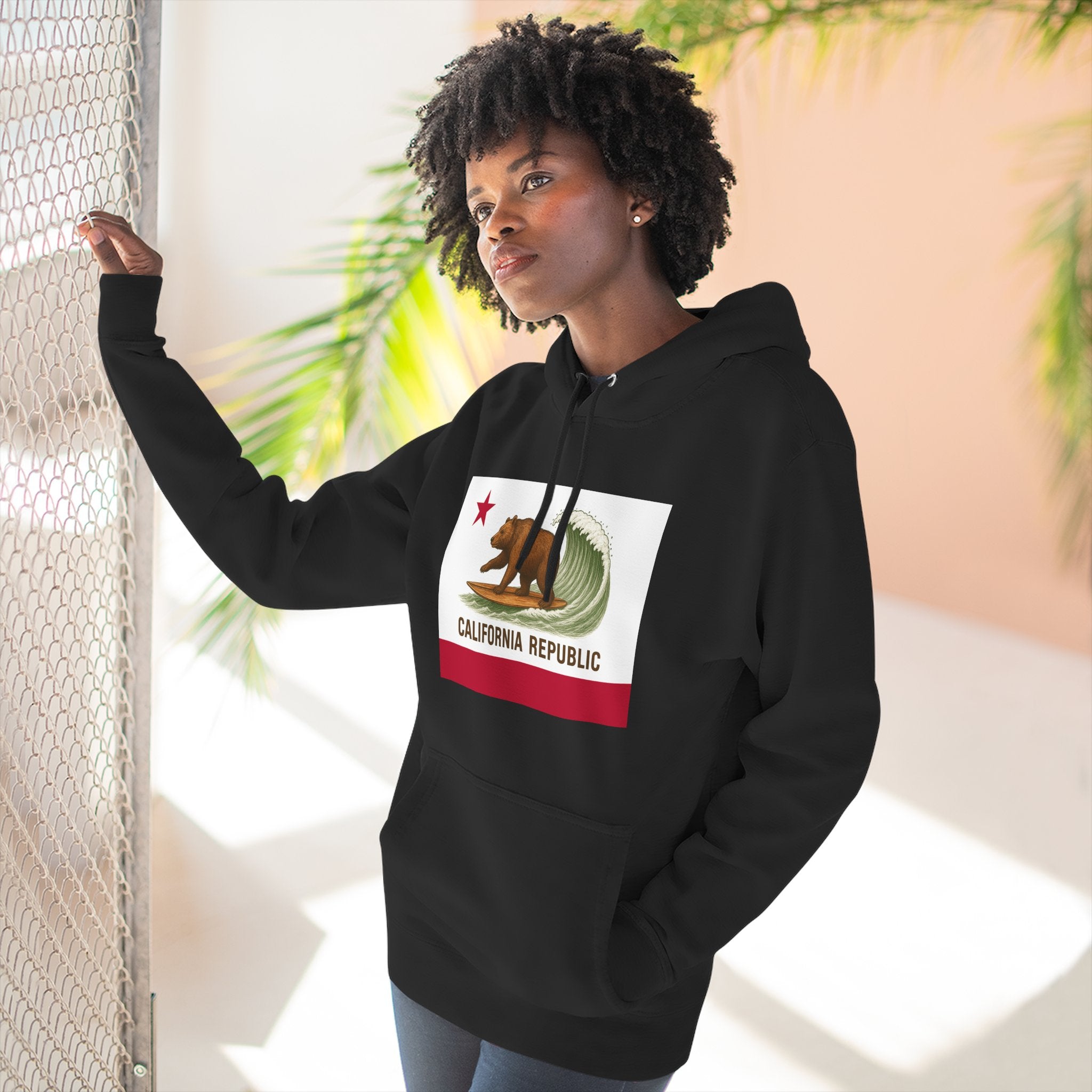 California Surfing Bear Flag Unisex - Pull-Over Cotton Blend Fleece Hoodie