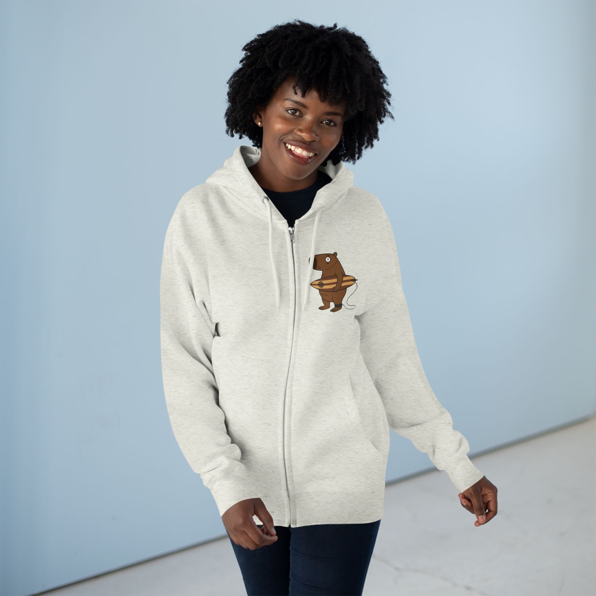 Capybara Surfer Unisex - Zip Cotton Blend Fleece Hoodie