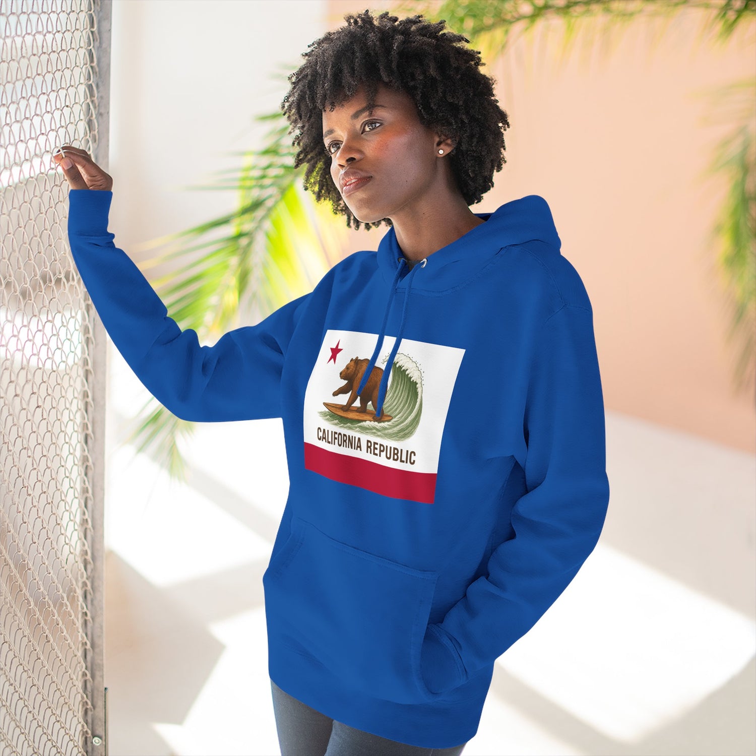 California Surfing Bear Flag Unisex - Pull-Over Cotton Blend Fleece Hoodie