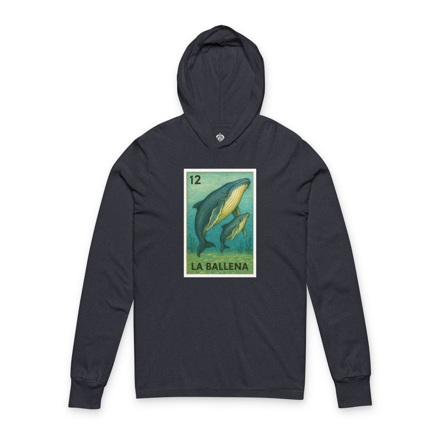 Navy hoodie with a whale graphic and &