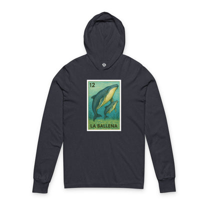 Navy hoodie with a whale graphic and &