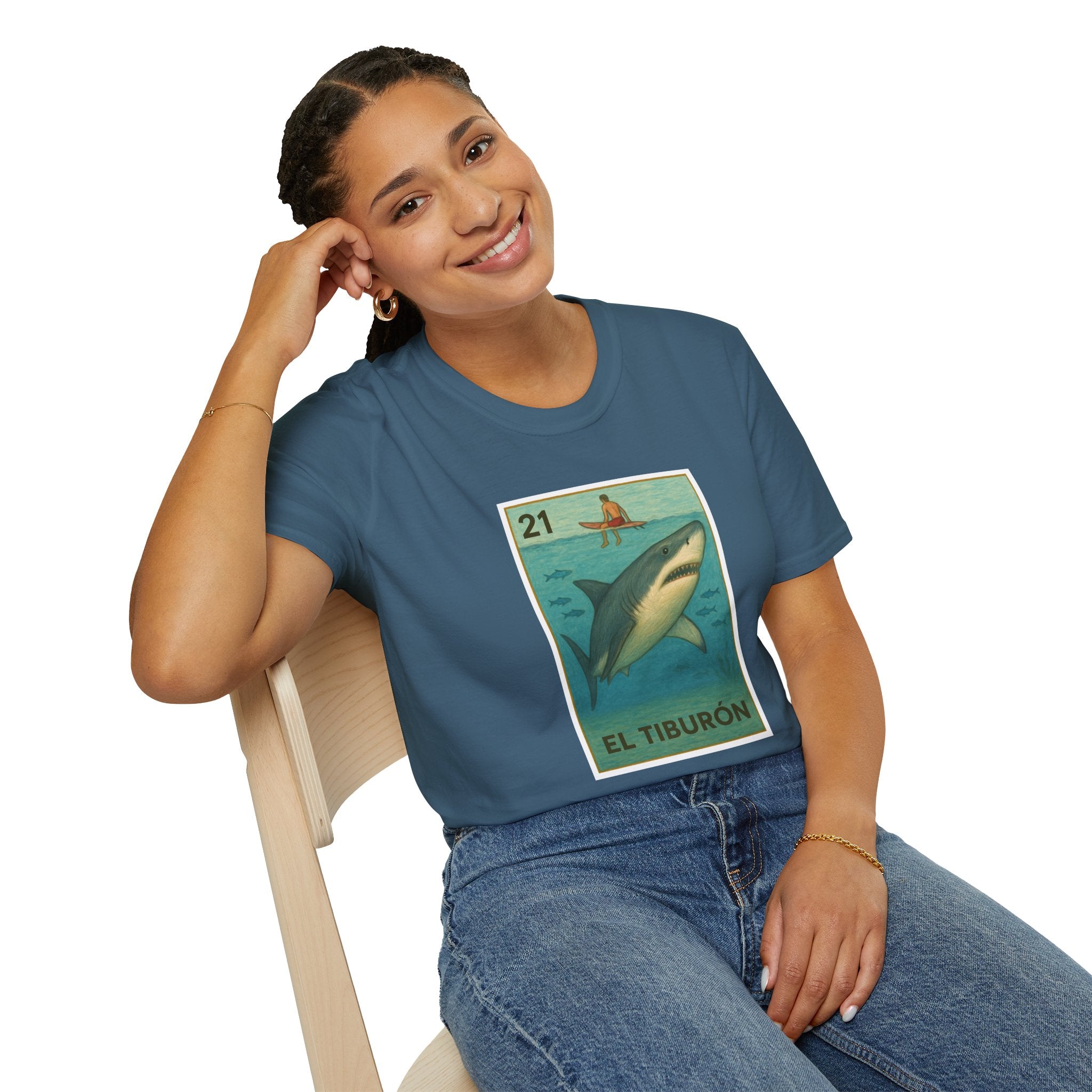 Shark Lotería Unisex - Soft Style U.S. Cotton T-Shirt (El Tiburón)