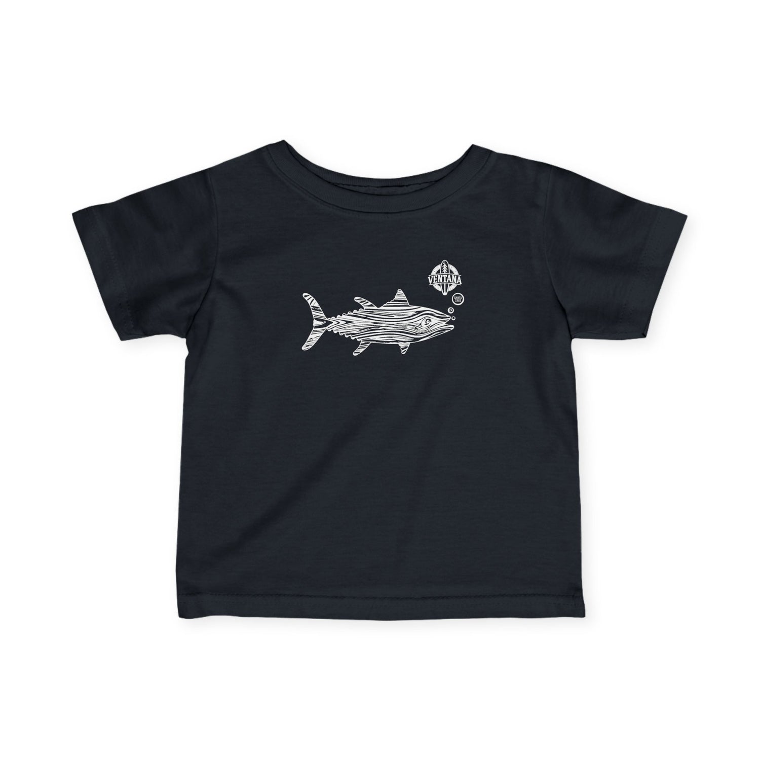 Black t-shirt with a shark graphic on a white background