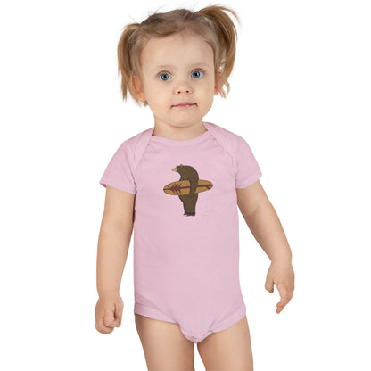Surfing Grizzly Bear by Fabian Lavater - Baby Short Sleeve 100% Cotton Onesie