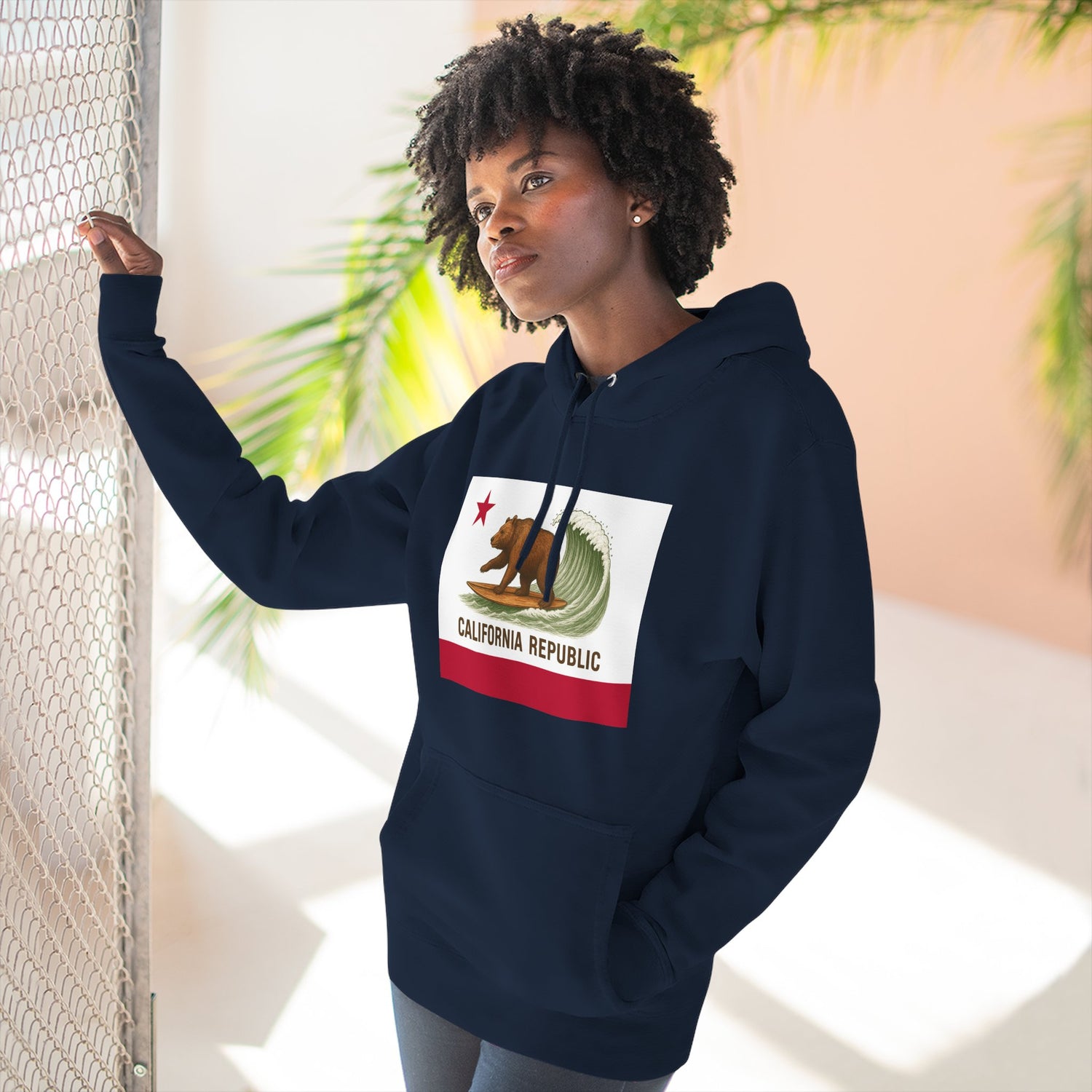 California Surfing Bear Flag Unisex - Pull-Over Cotton Blend Fleece Hoodie