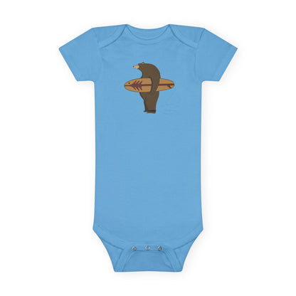 Surfing Grizzly Bear by Fabian Lavater - Baby Short Sleeve 100% Cotton Onesie