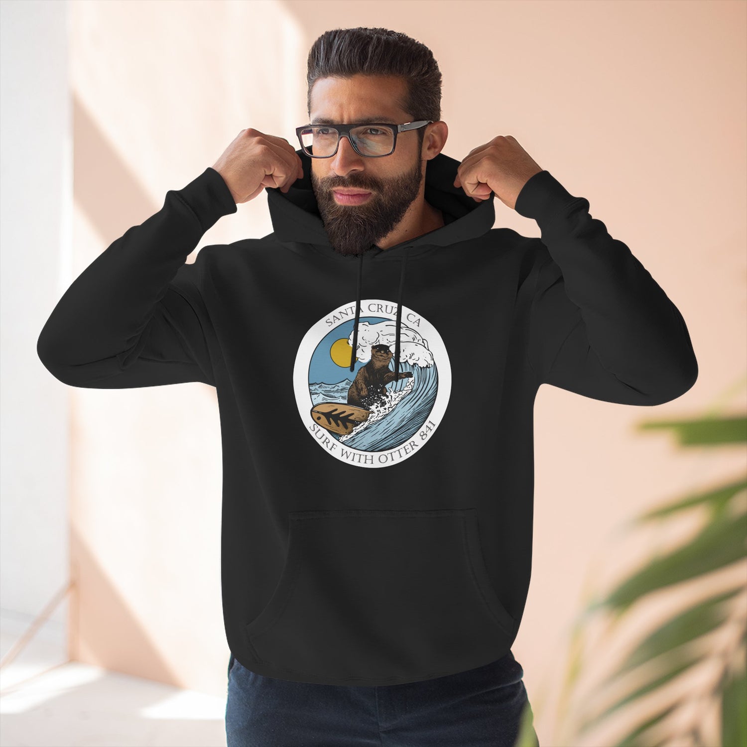 Surf with Otter 841 by Thiago Bianchini Unisex - Pull-Over Cotton Blend Fleece Hoodie
