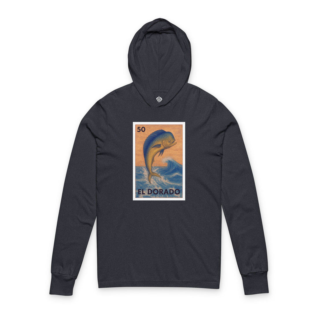 Navy blue hoodie with a dolphin graphic and &